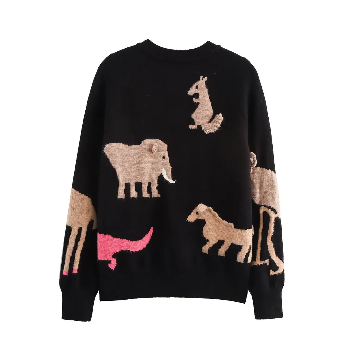 Back flat lay of cartoon animal intarsia knit button front cardigan