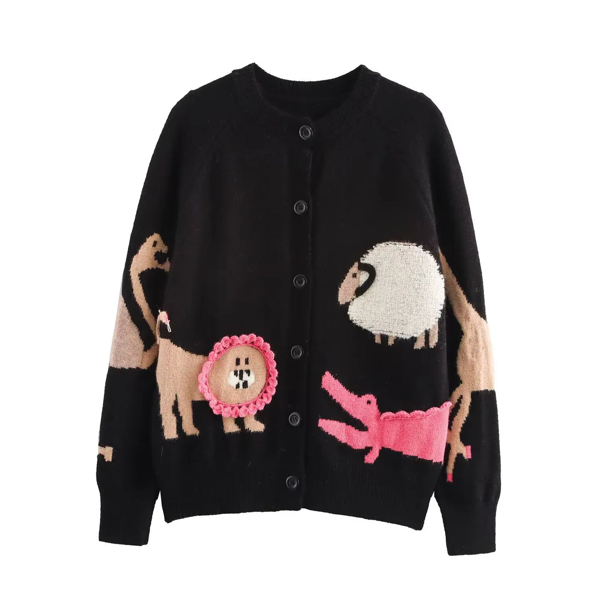 Front flat lay of cartoon animal intarsia knit button front cardigan