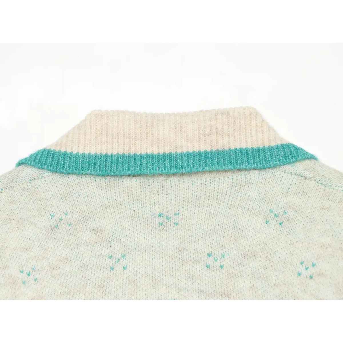 Close-up of back collar ribbing and turquoise trim