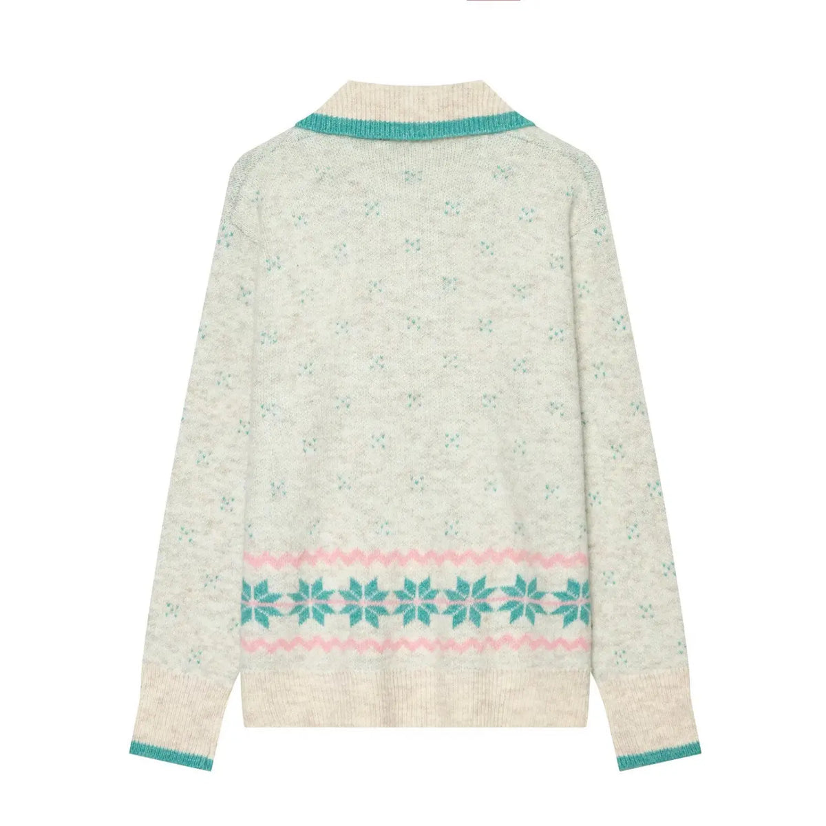 Back flat lay of cartoon dog fair isle zip up collared knit cardigan