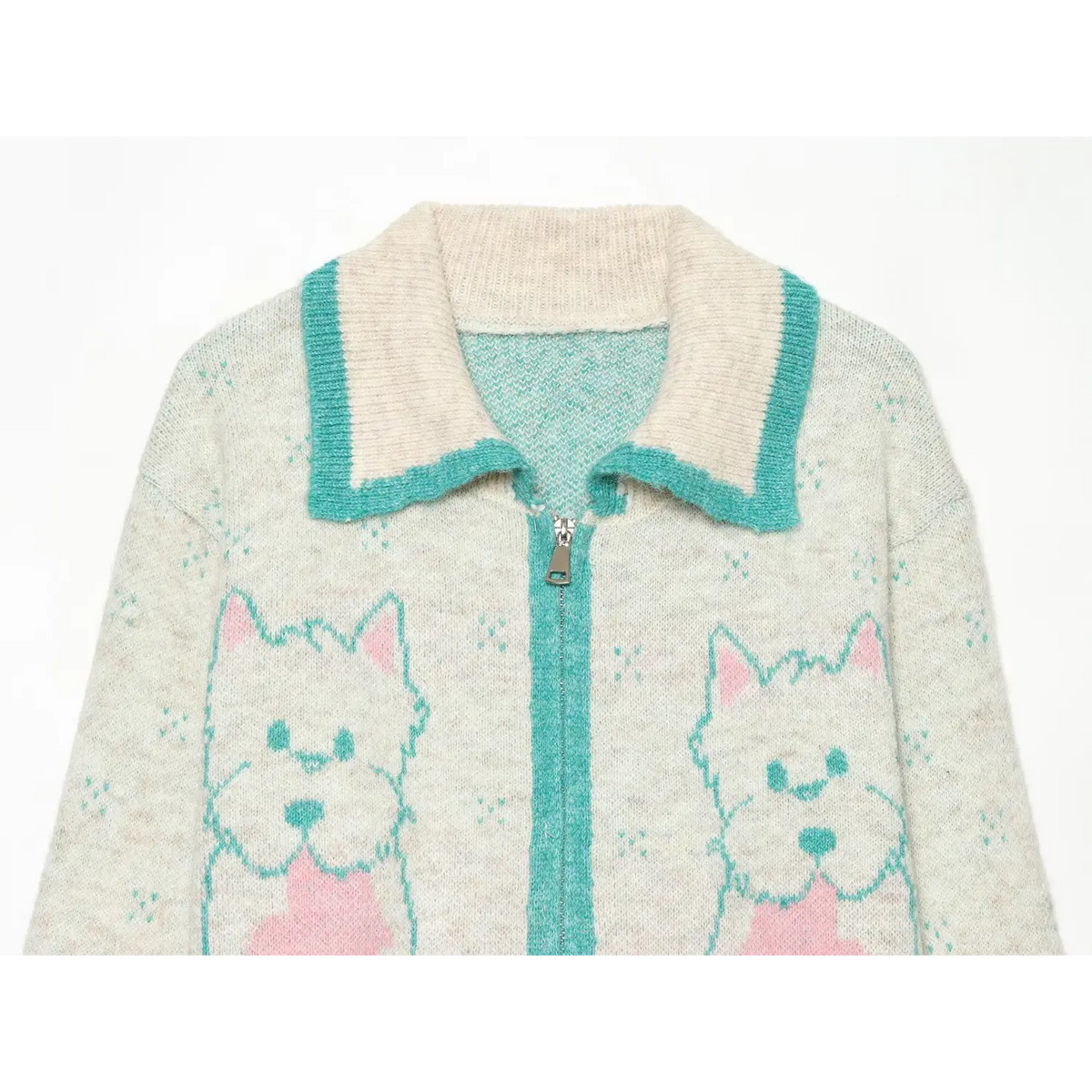 Close-up of collared neckline, zip and cartoon dog intarsia