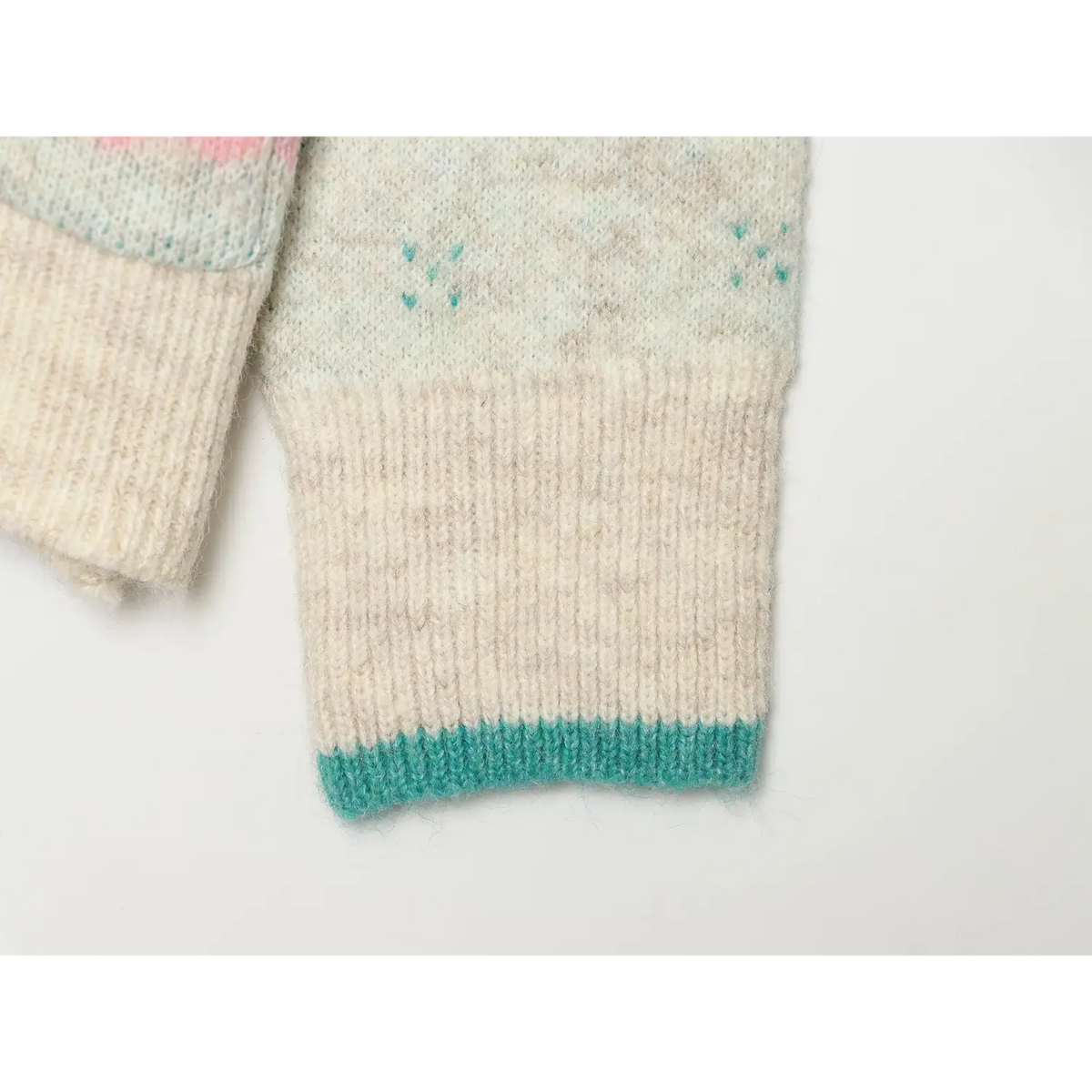 Close-up of ribbed cuff and turquoise trim