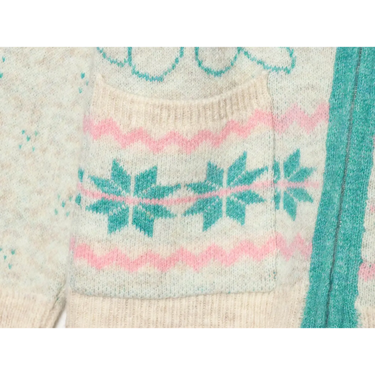 Close-up of fair isle snowflake and zigzag pocket pattern