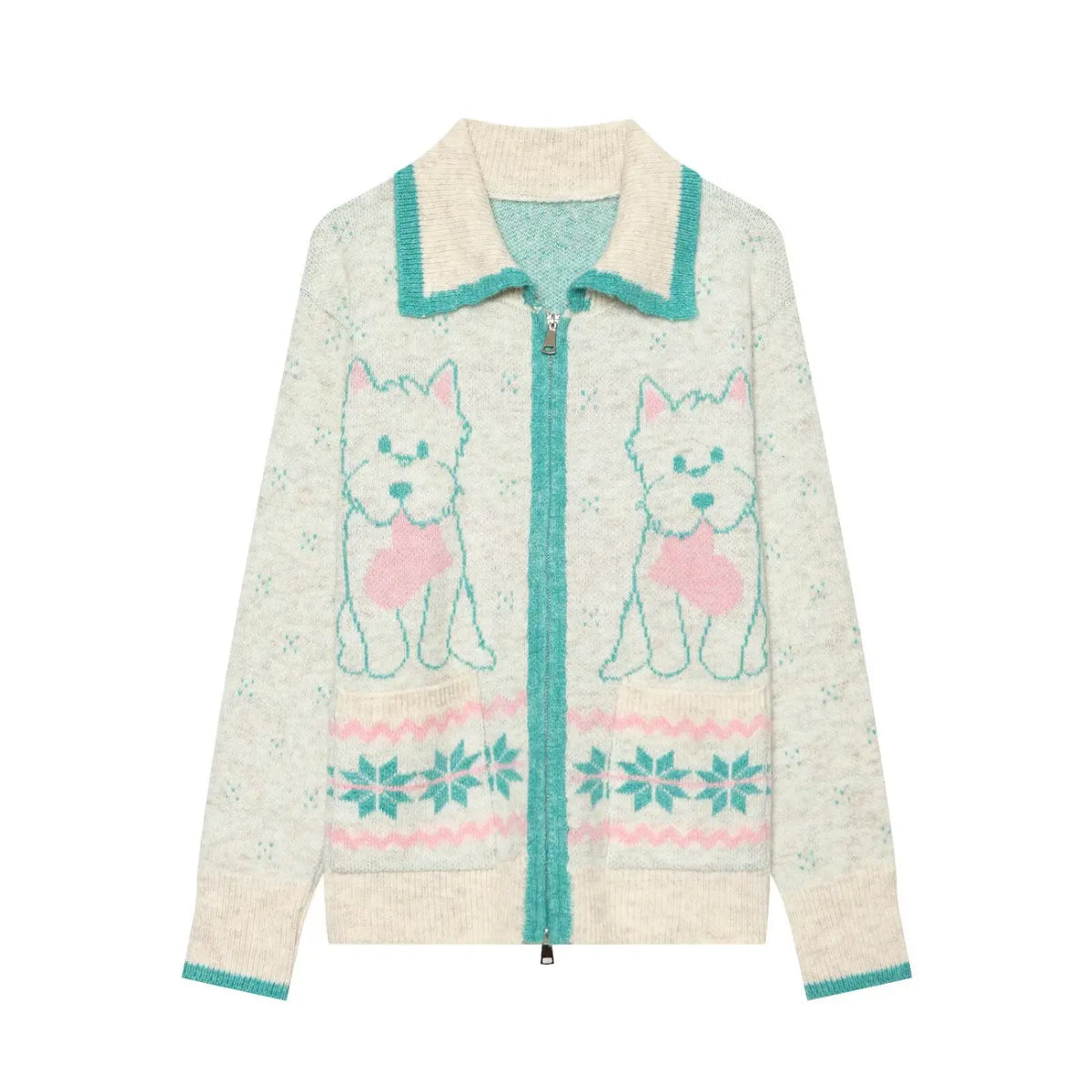 Front flat lay of cartoon dog fair isle zip up collared knit cardigan