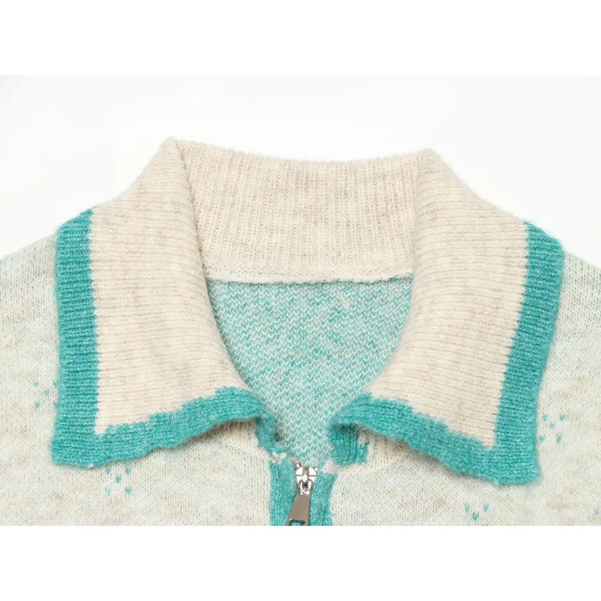 Close-up of ribbed collar and neckline detail