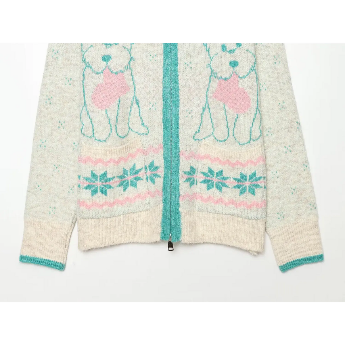 Close-up of cartoon dog intarsia, fair isle pockets and hem