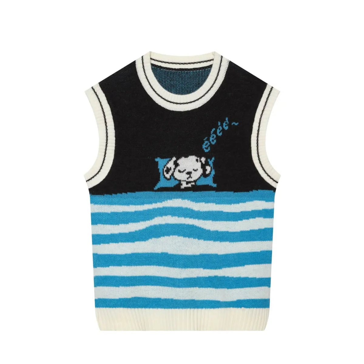 Front flat lay of cartoon dog intarsia wavy stripe sleeveless knit vest