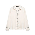 Champagne contrast piping satin button front shirt, front flat lay