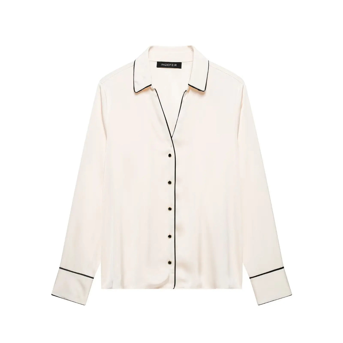 Champagne contrast piping satin button front shirt, front flat lay