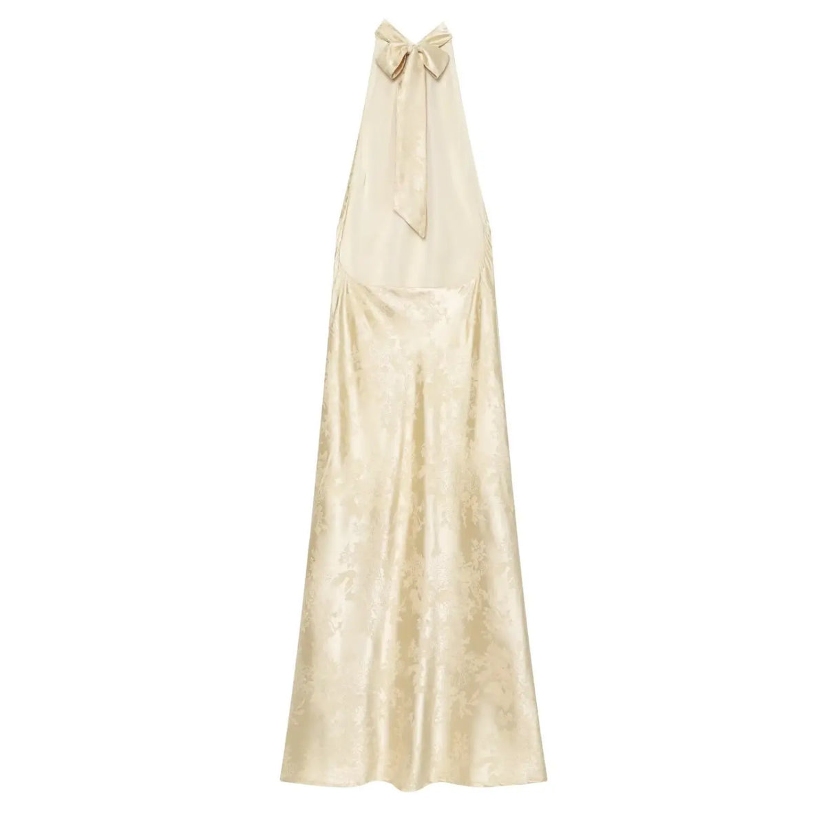Back view of champagne halter maxi dress with self bow tie at nape