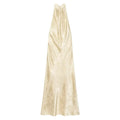 Front view of champagne jacquard satin halter neck maxi dress on white background