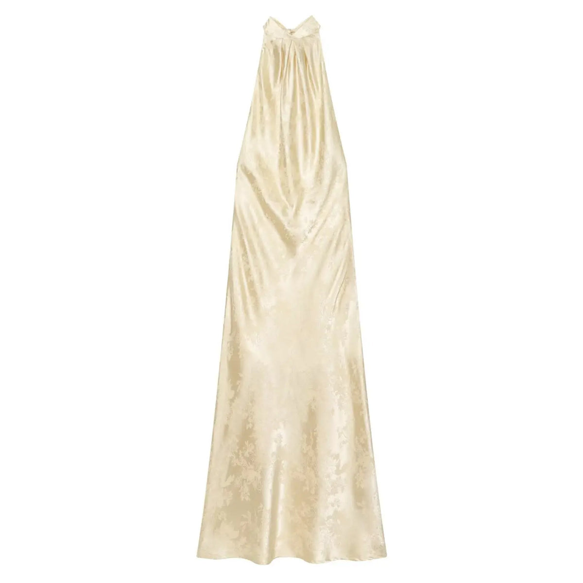 Front view of champagne jacquard satin halter neck maxi dress on white background
