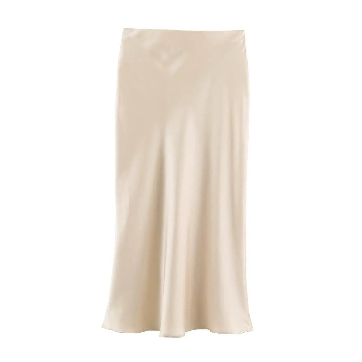 Back flat lay of champagne satin slip midi skirt