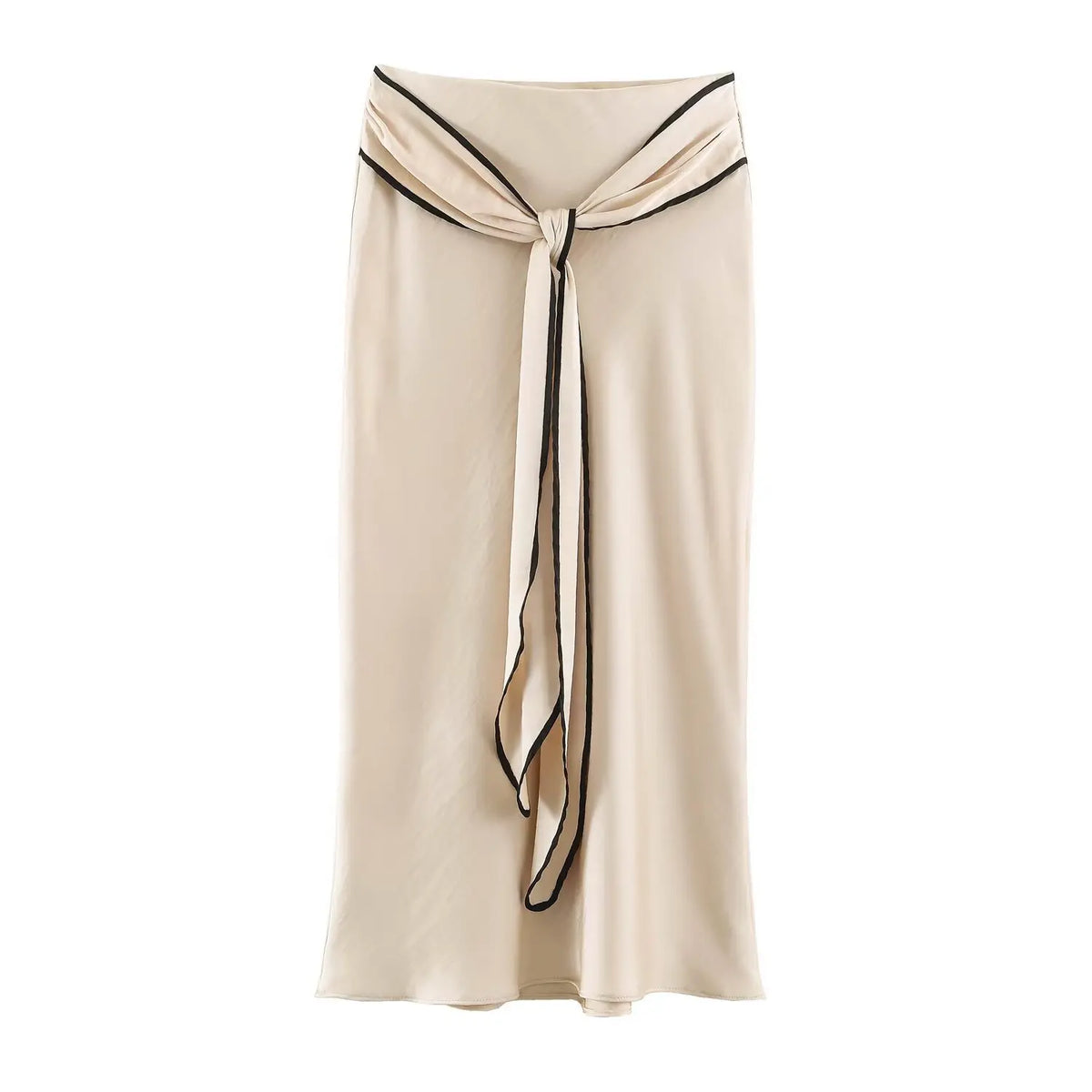 Model wearing champagne twist front satin slip midi skirt, front view