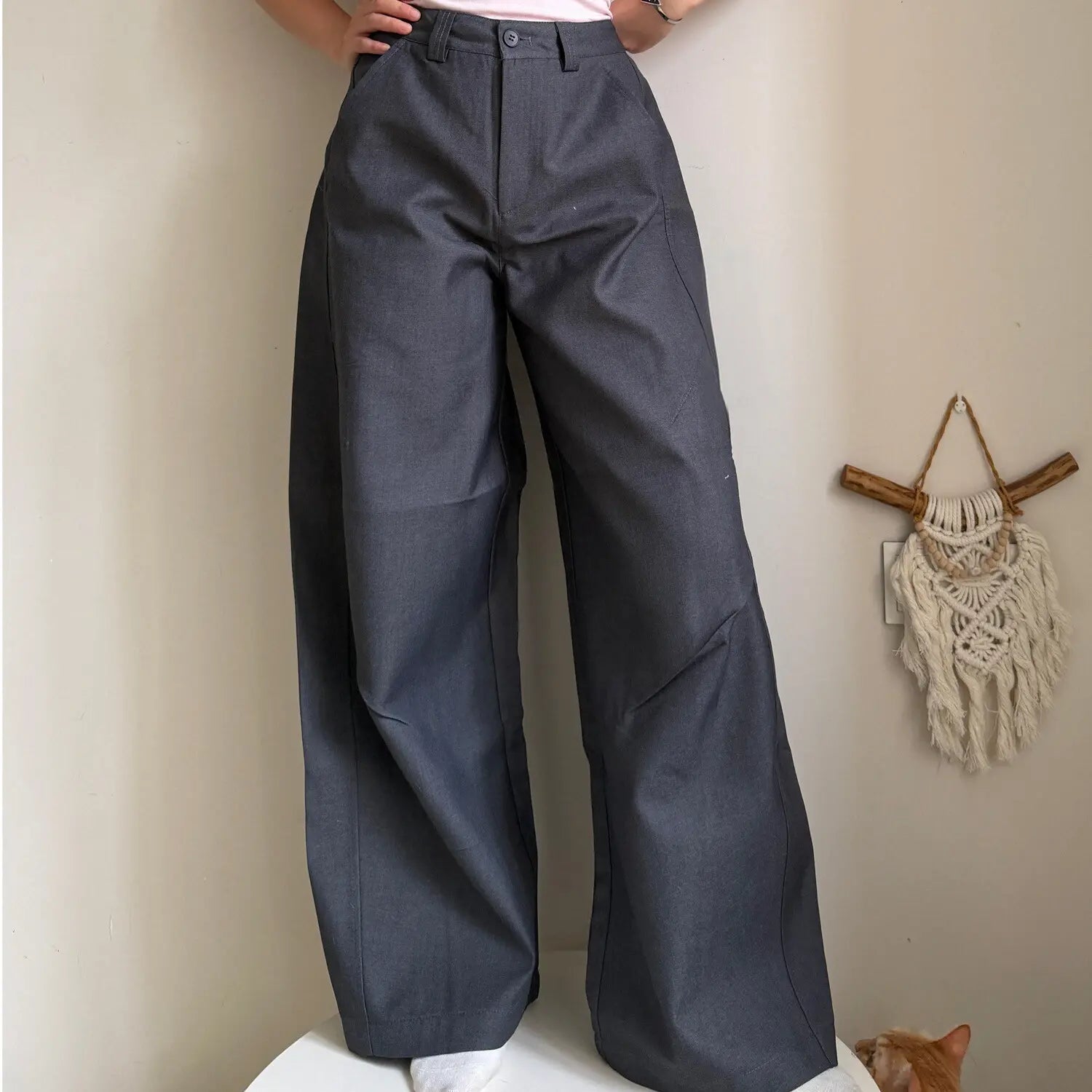 2 Colors High Waist Pleated Wide Leg Suit Pants Front Fold Draped Loos – dingdingly