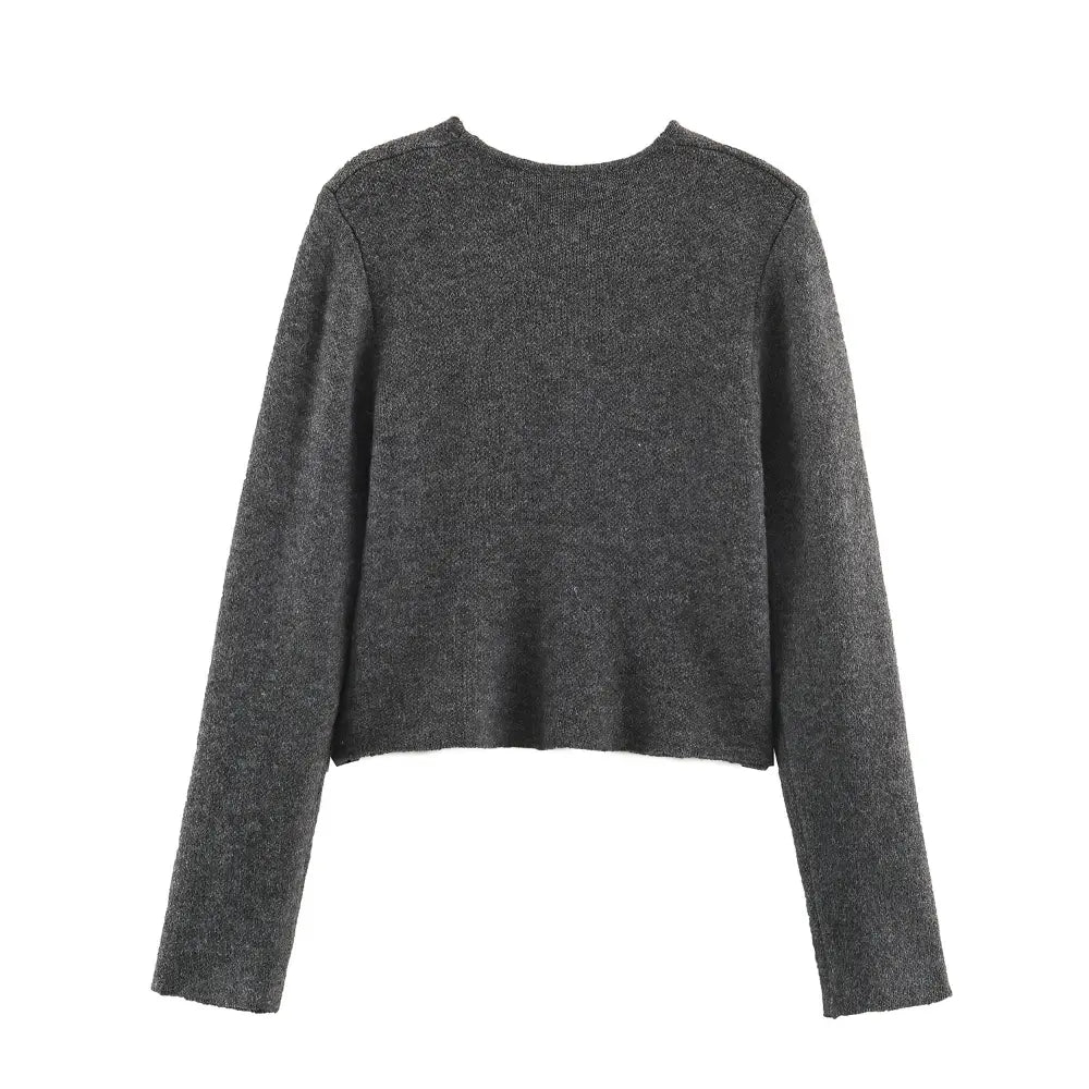 Charcoal metal button knit cardigan, back flat lay