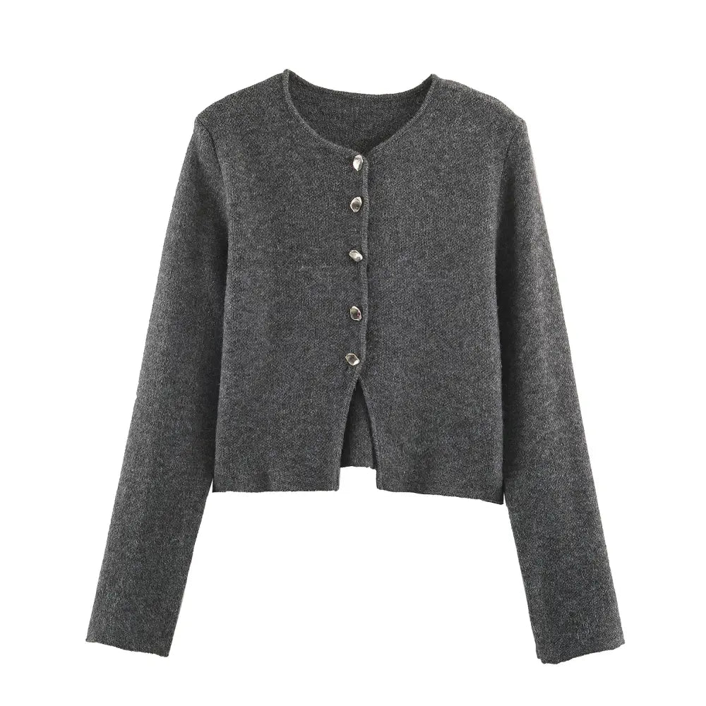 Charcoal metal button knit cardigan, front flat lay