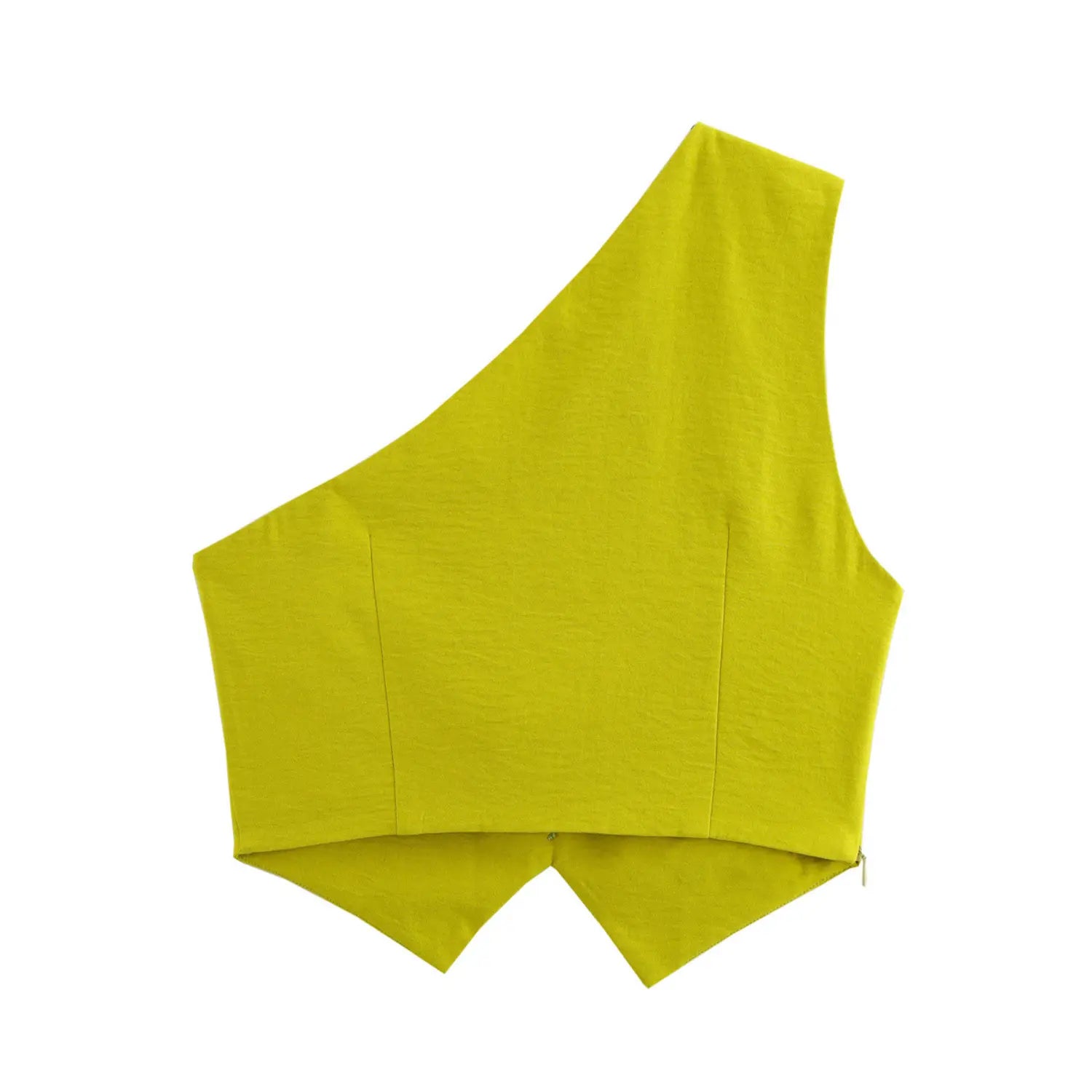 Back view isolated white background, chartreuse one-shoulder cropped vest with side invisible zipper