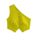 Front view isolated white background, chartreuse asymmetric single shoulder cropped waistcoat with front buttons and faux pockets