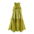 Back view chartreuse sleeveless layered ruffle maxi gown, sheer shiny organza long dress