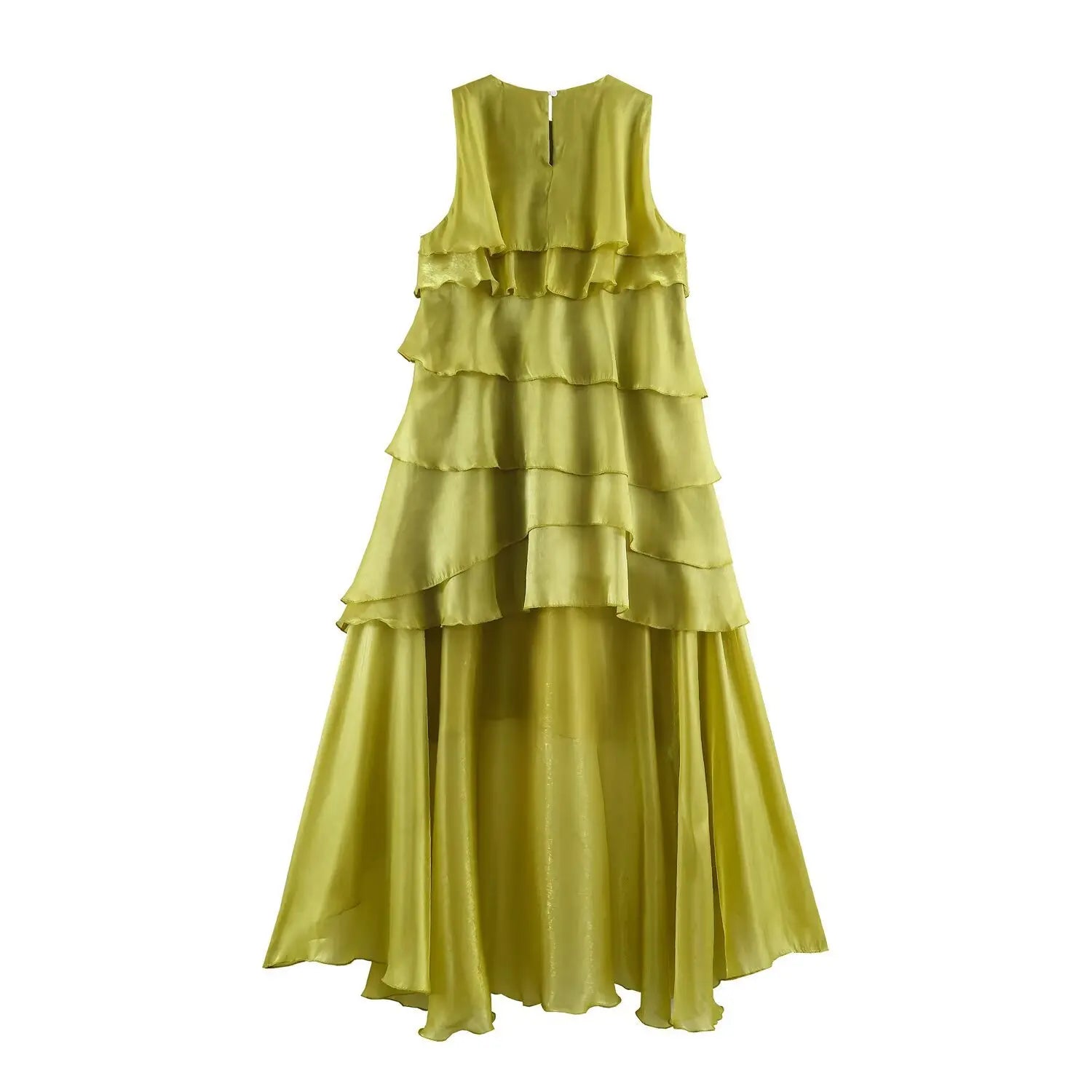 Back view chartreuse sleeveless layered ruffle maxi gown, sheer shiny organza long dress