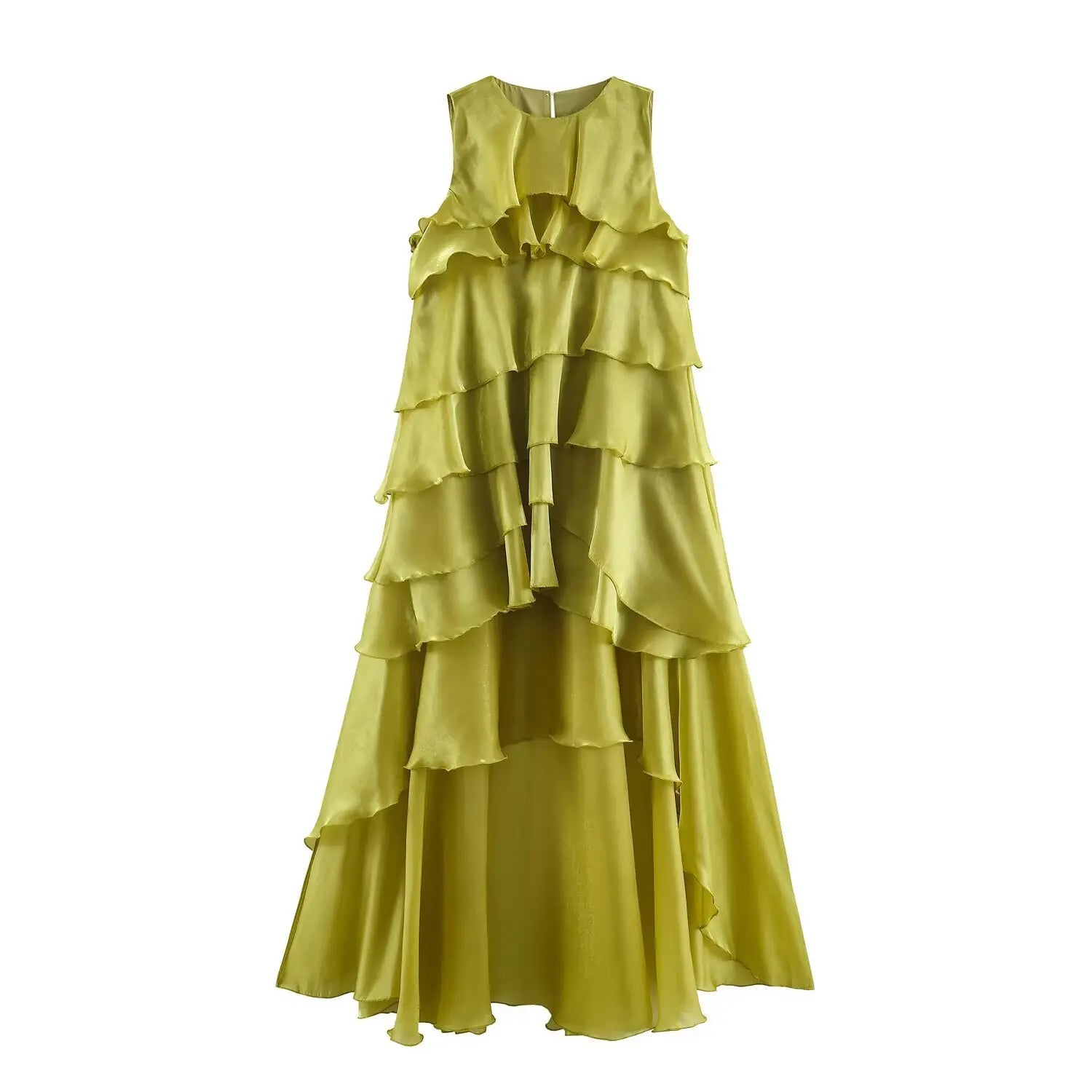 Chartreuse sleeveless tiered ruffle maxi dress, shiny organza fabric, multi-layer flowy long evening dress