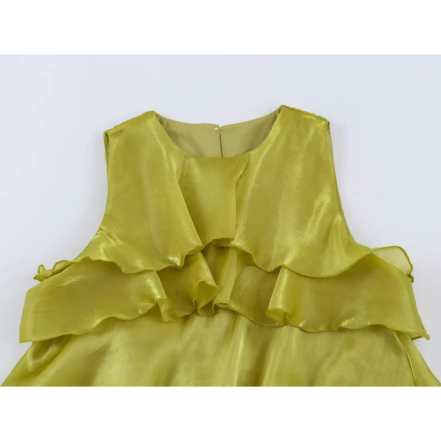 Close-up front neck view, round neck double ruffle layers on shiny chartreuse sleeveless maxi dress