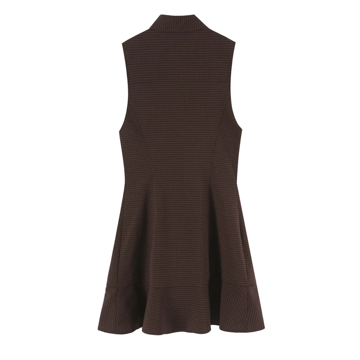 Back flat lay of check stand collar button front ruffle hem mini dress