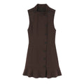 Front flat lay of check stand collar button front ruffle hem mini dress