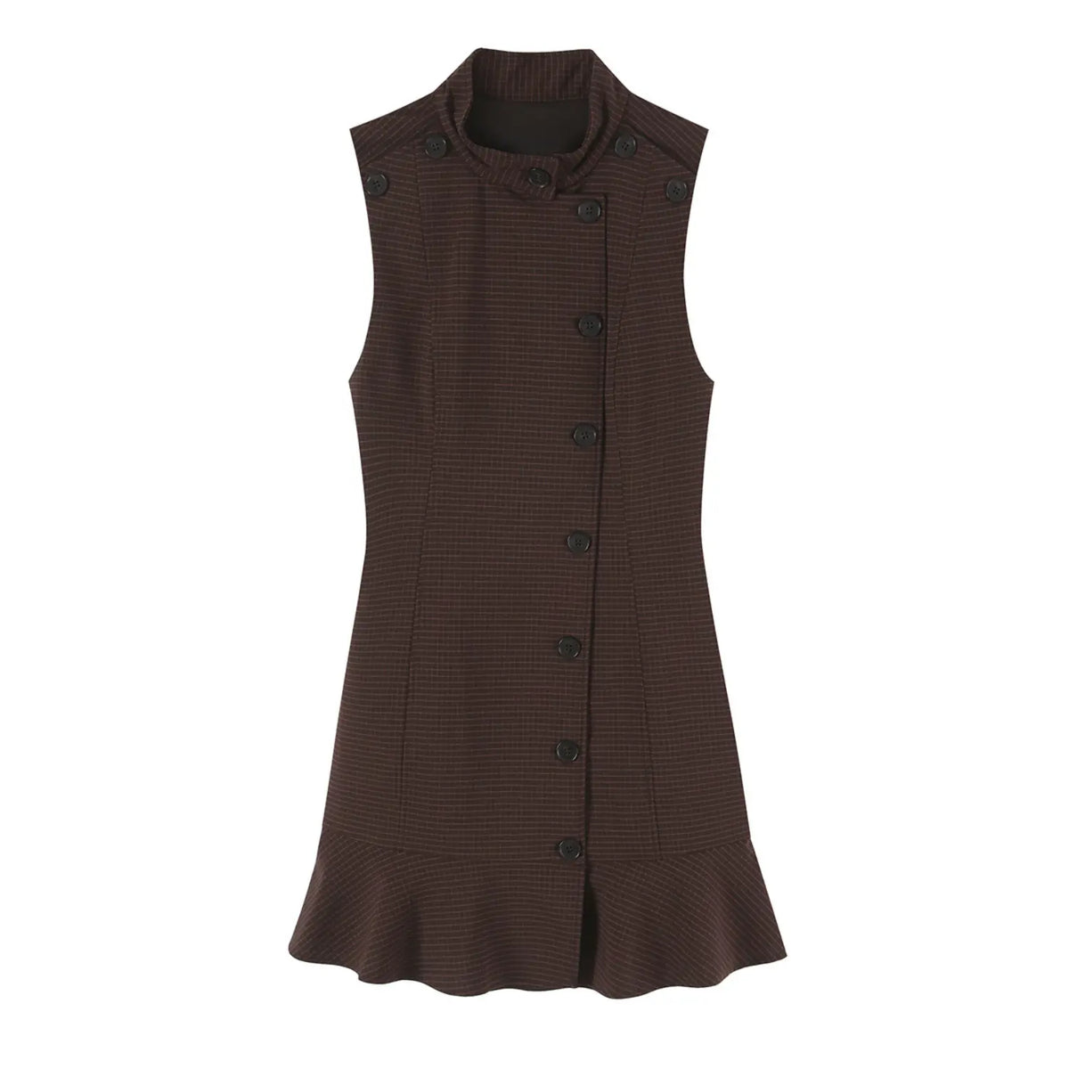 Front flat lay of check stand collar button front ruffle hem mini dress