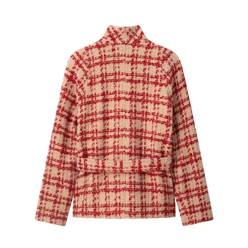 Check tweed stand collar wrap belted jacket, back flat lay