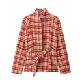 Check tweed stand collar wrap belted jacket, front flat lay