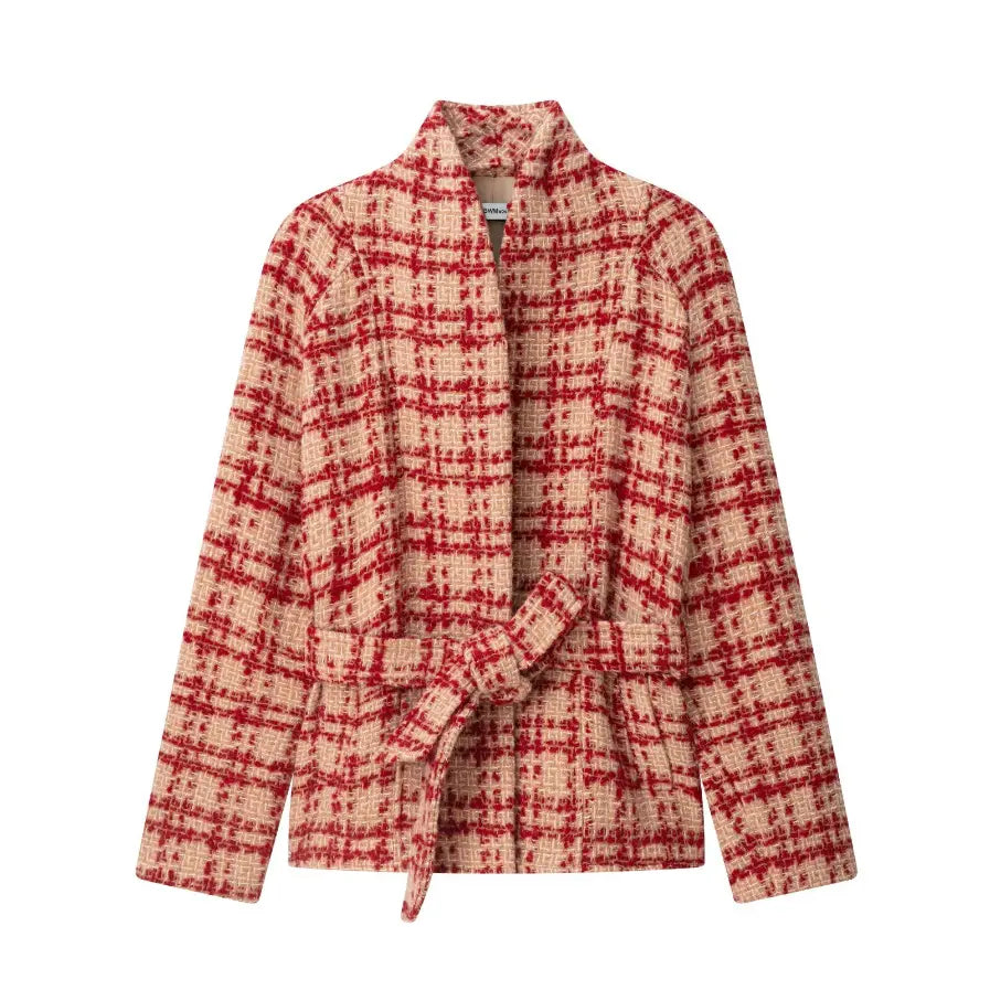 Check tweed stand collar wrap belted jacket, front flat lay