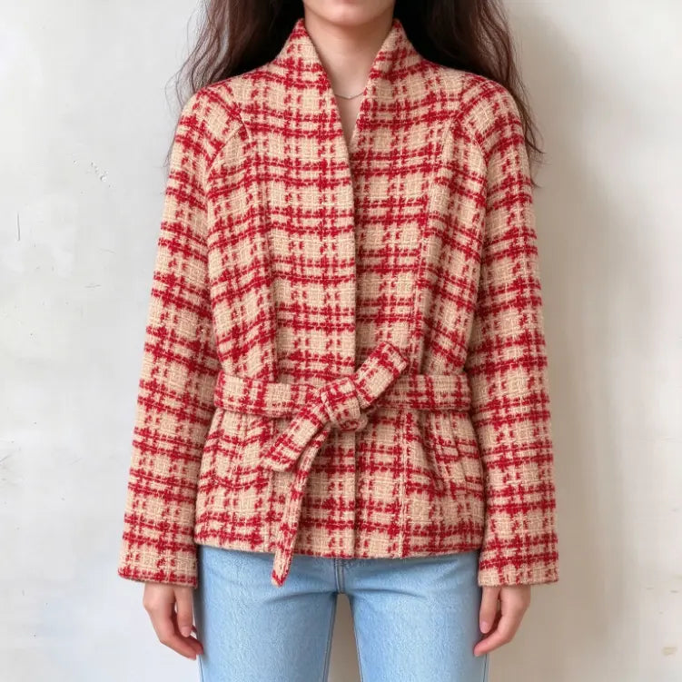 Model wearing check tweed stand collar wrap belted jacket with jeans, front view