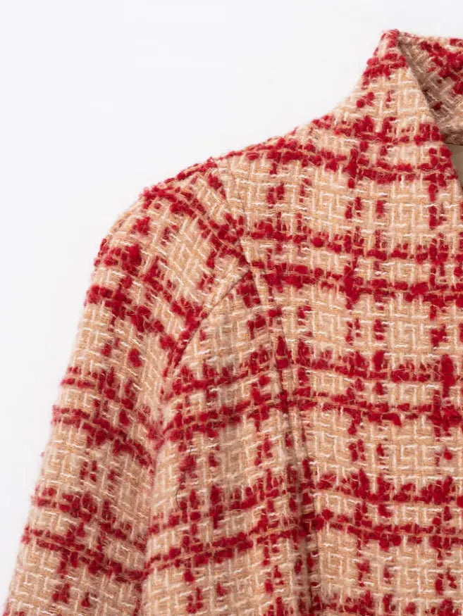 Close-up of shoulder and stand collar tweed texture