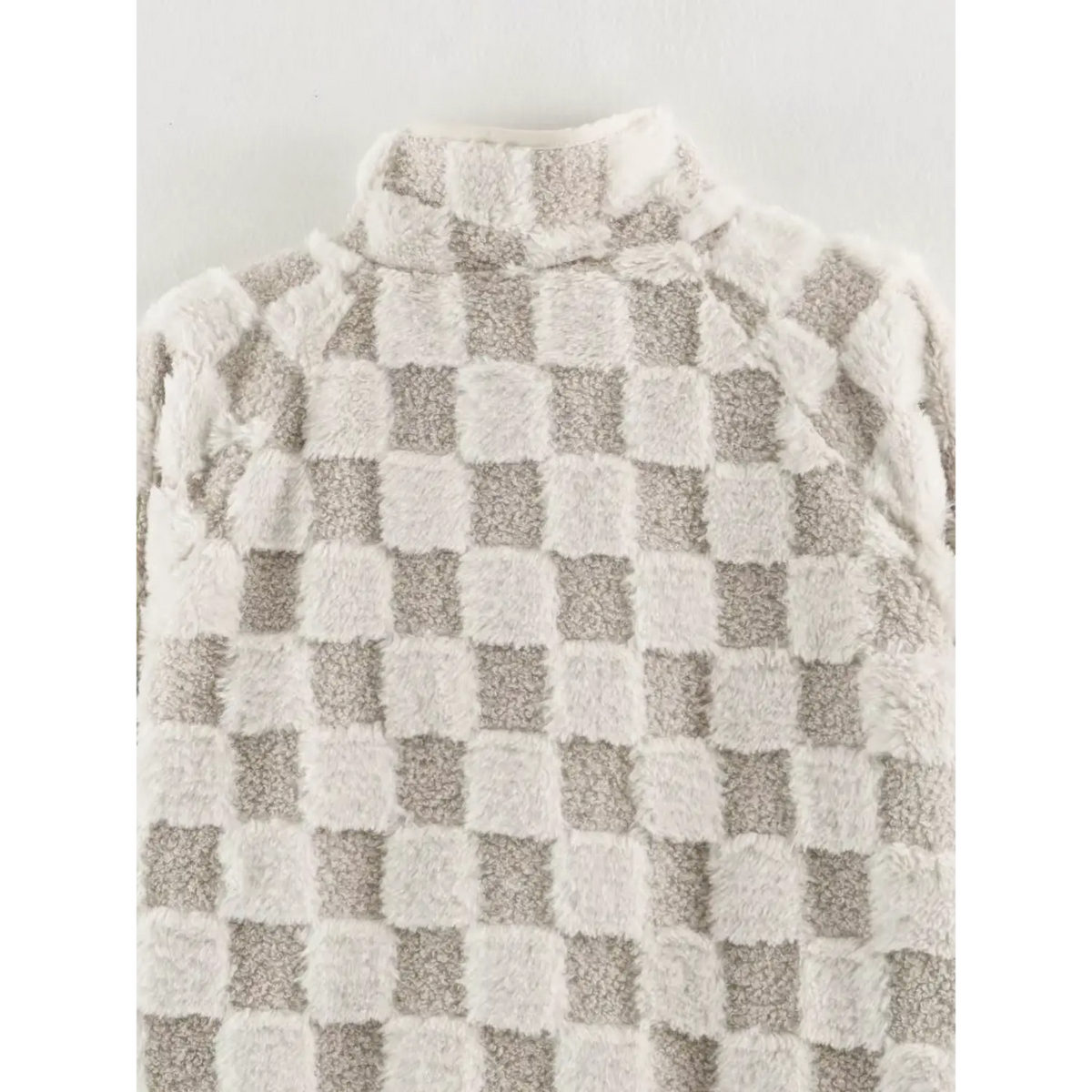 Back torso shot of women beige white checkerboard faux fur stand collar jacket, full check pattern