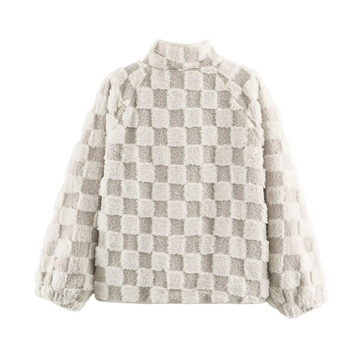 Women beige white checkered fuzzy fur jacket, back view, loose fit warm casual winter coat