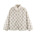 Women beige white checkered faux fur stand collar jacket, front view, button closure and zipper pockets, cozy fuzzy winter outerwear