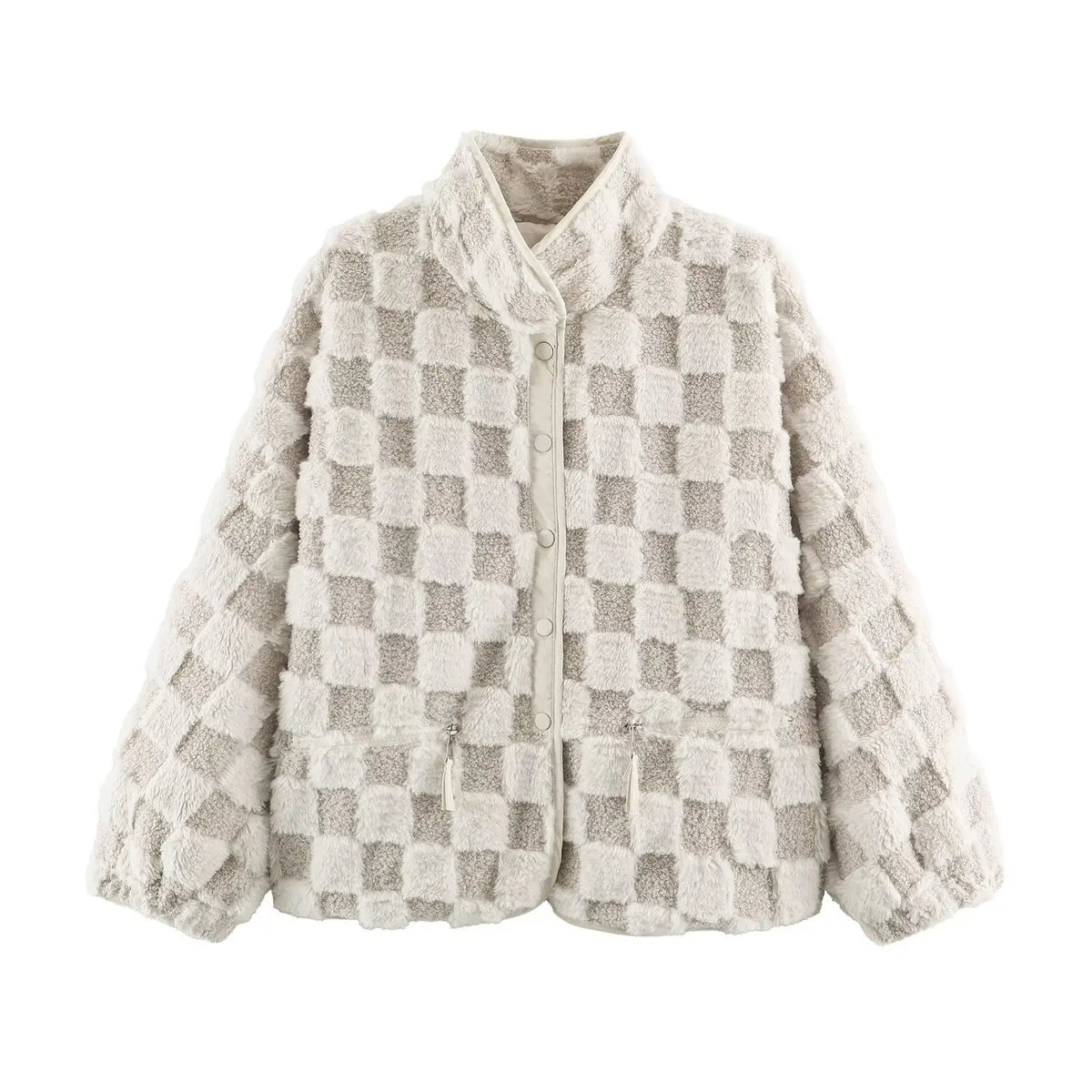 Women beige white checkered faux fur stand collar jacket, front view, button closure and zipper pockets, cozy fuzzy winter outerwear
