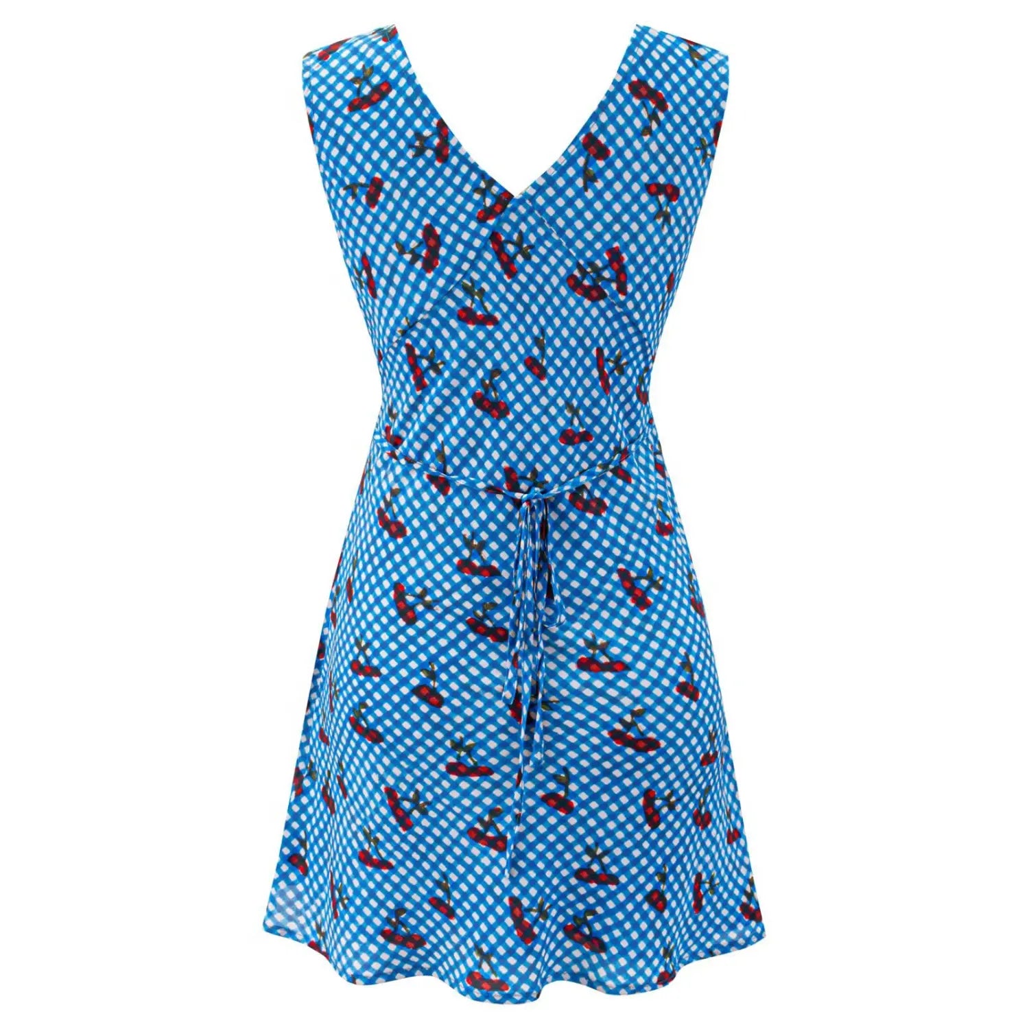 Blue cherry mini dress full back flat lay, back V cut built-in waist drawstring tie complete waist-cinched swing silhouette display