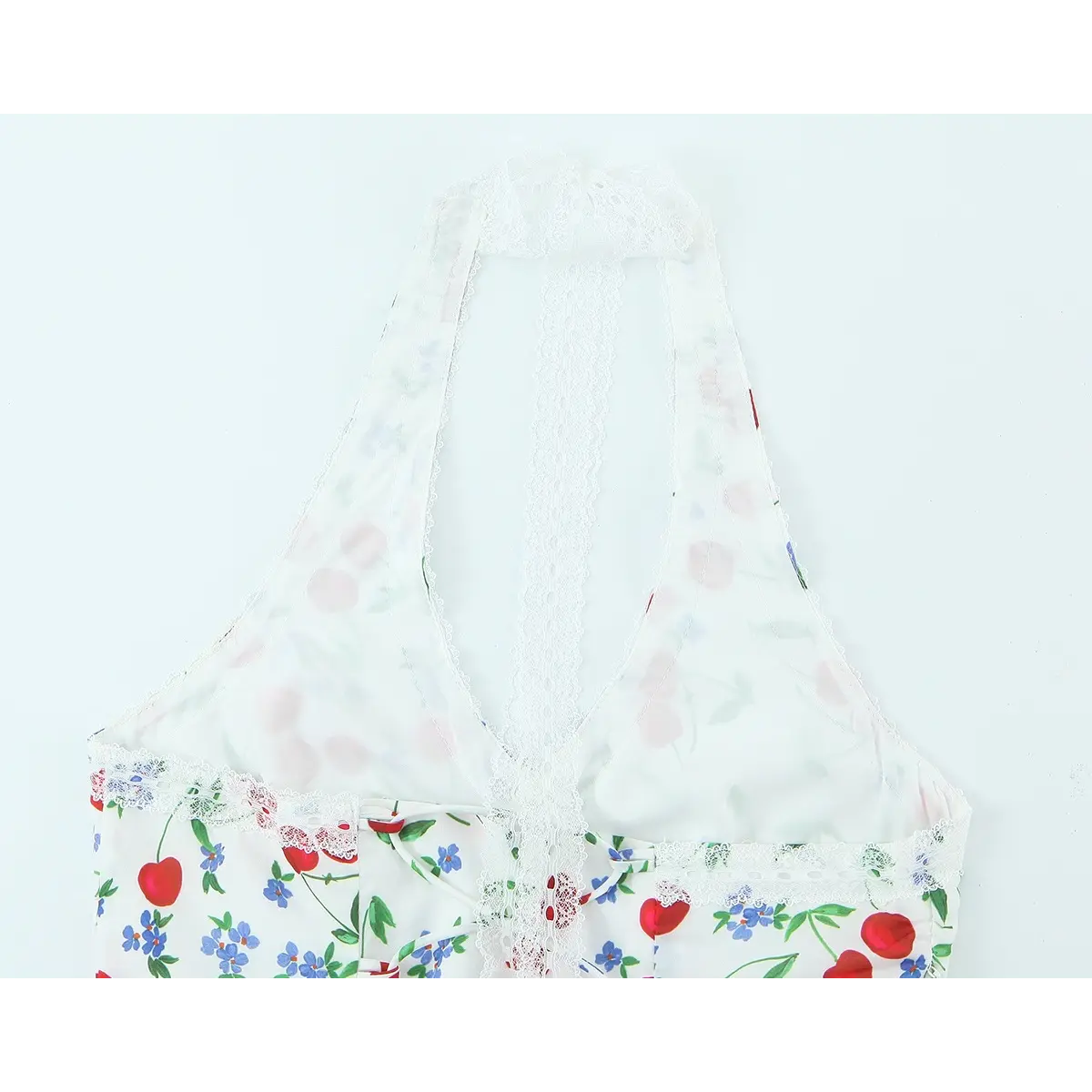 Full back view of the dress, showcasing the lace halter tie and corset-style lace-up closure.