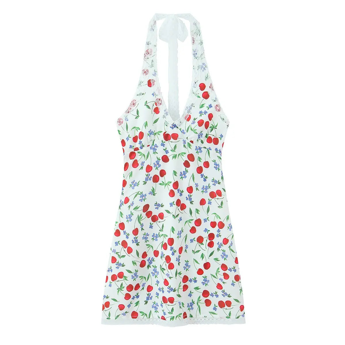 Full front view of the dress, featuring the halter neckline, cherry print, lace trim, and fitted silhouette.