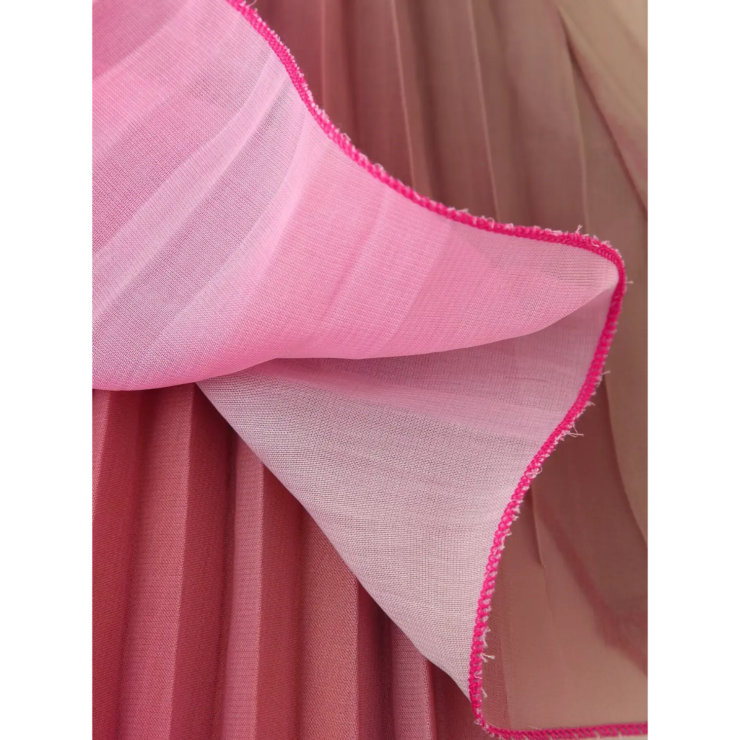 Pink hem stitching detail of layered ombre pleated chiffon maxi dress