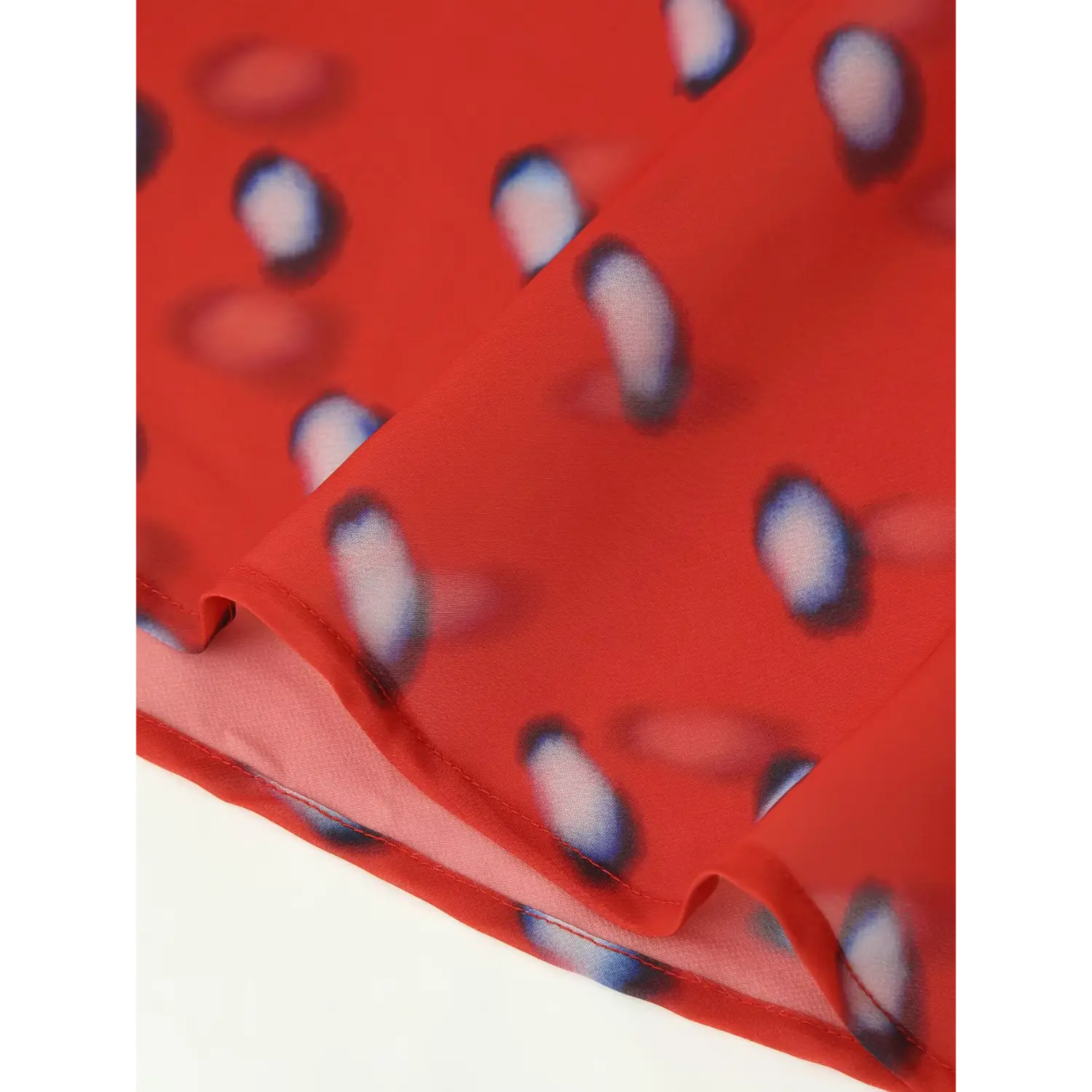 close up flowy draped chiffon hem red gradient dot wrap midi skirt soft lightweight fabric wave hem