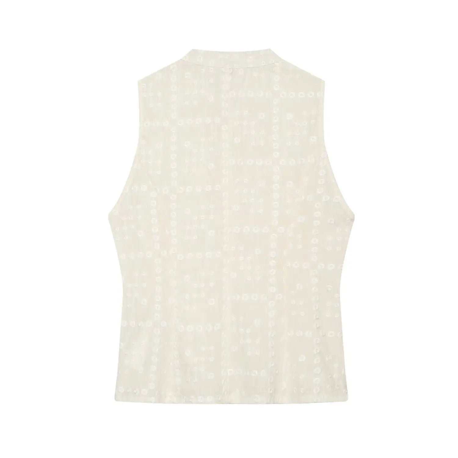 Off-white cutout embroidered sleeveless waistcoat full back flat lay, Chinese mandarin stand collar full circle hollow embroidery slim cropped vest back silhouette display