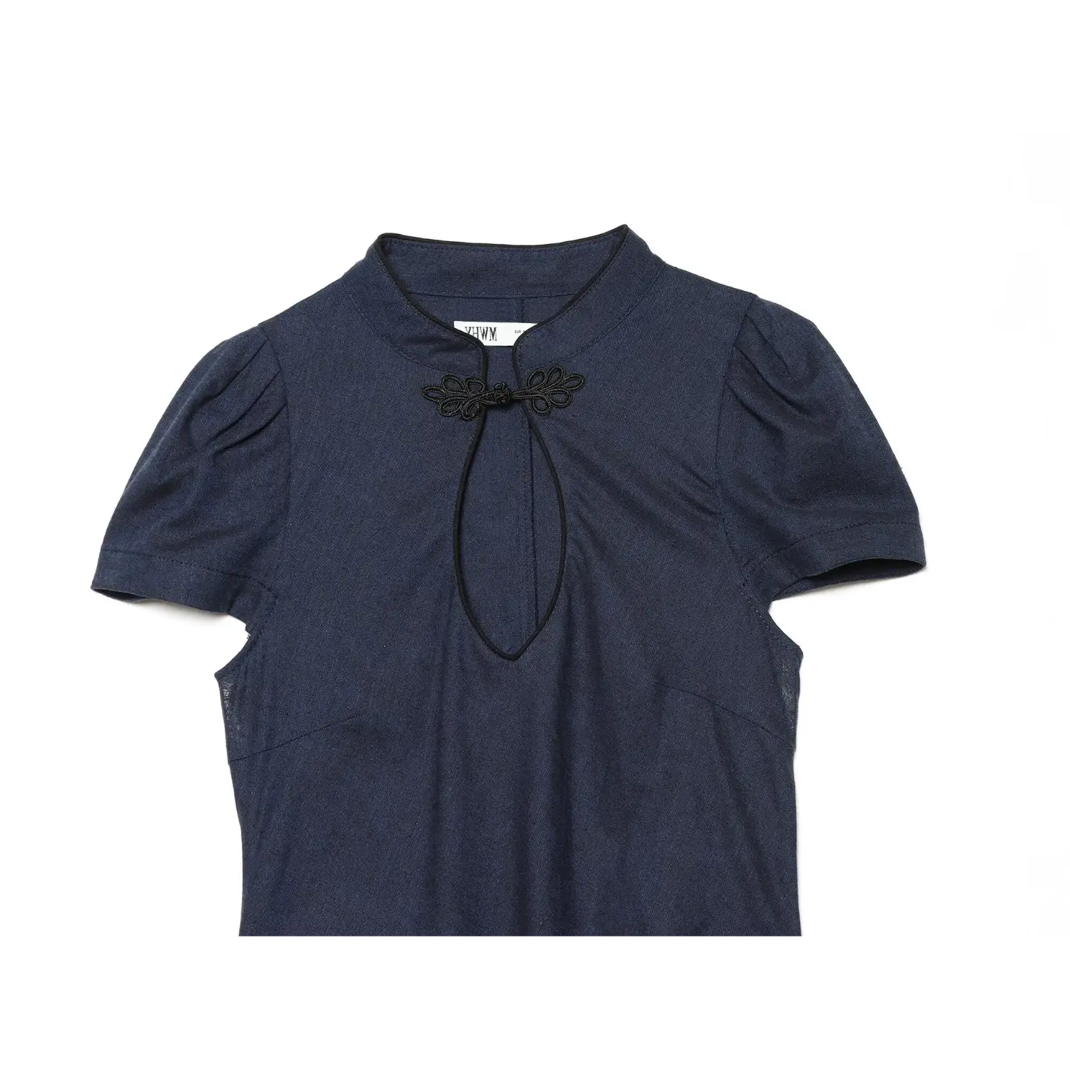 Close‑up of mandarin collar and black frog button keyhole neck for navy blue denim mini dress