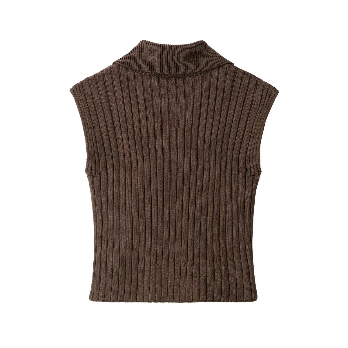 Back flat lay of chocolate brown half zip collared ribbed knit vest