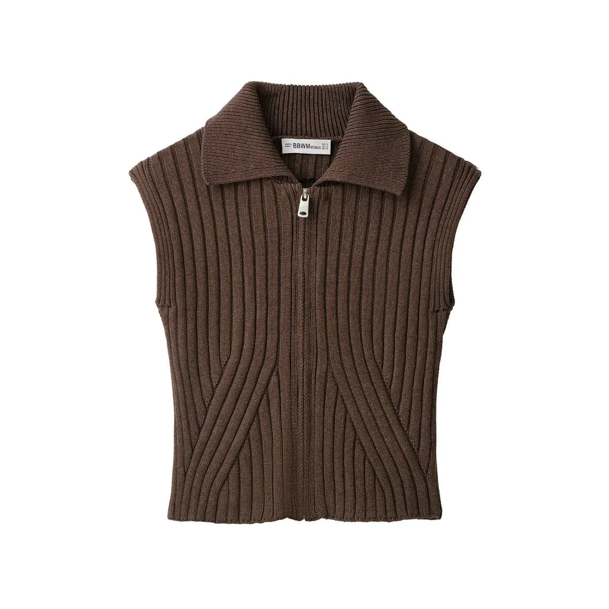 Front flat lay of chocolate brown half zip collared ribbed knit vest