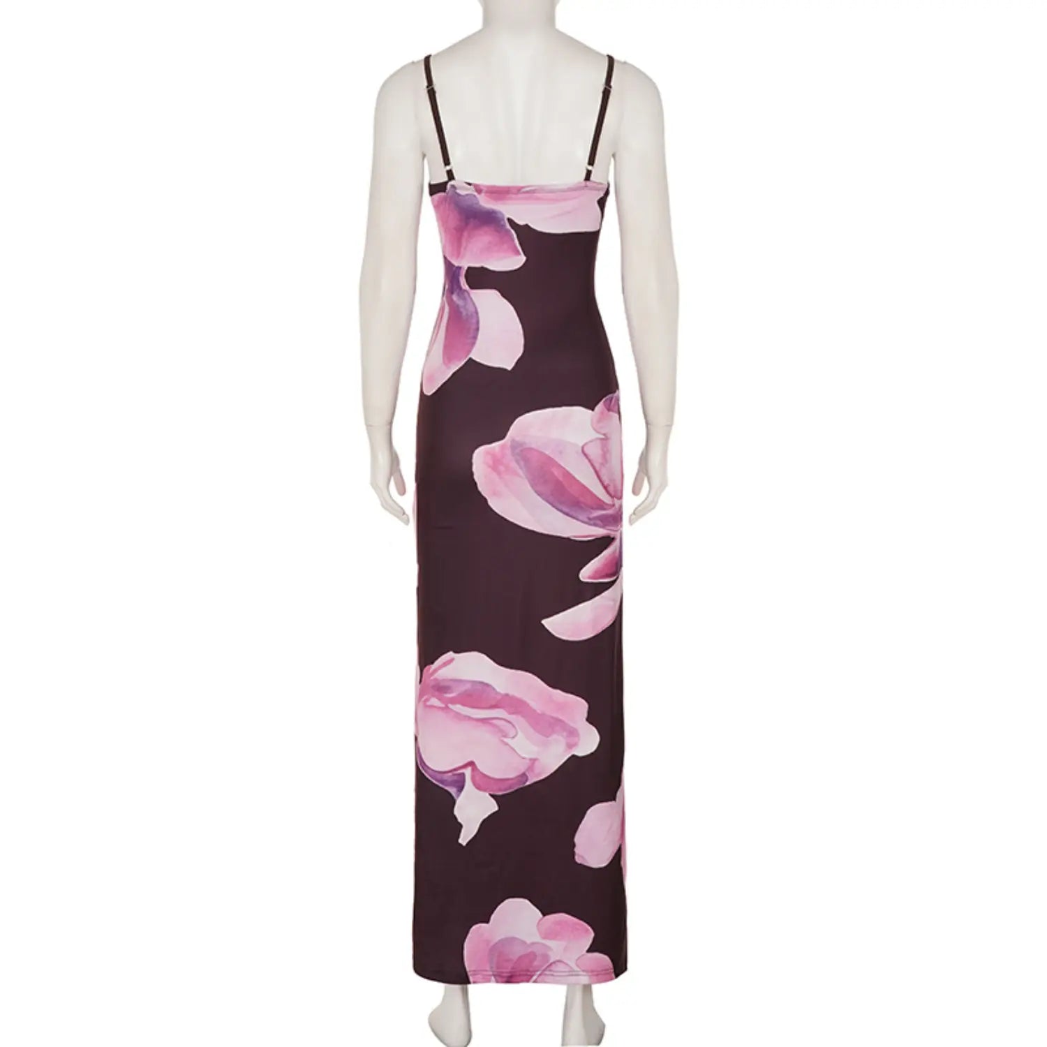Full back studio shot on white mannequin of slim fit floor-length slip dress, thin adjustable back spaghetti straps, oversized watercolor pink magnolia print across dark brown stretch fabric