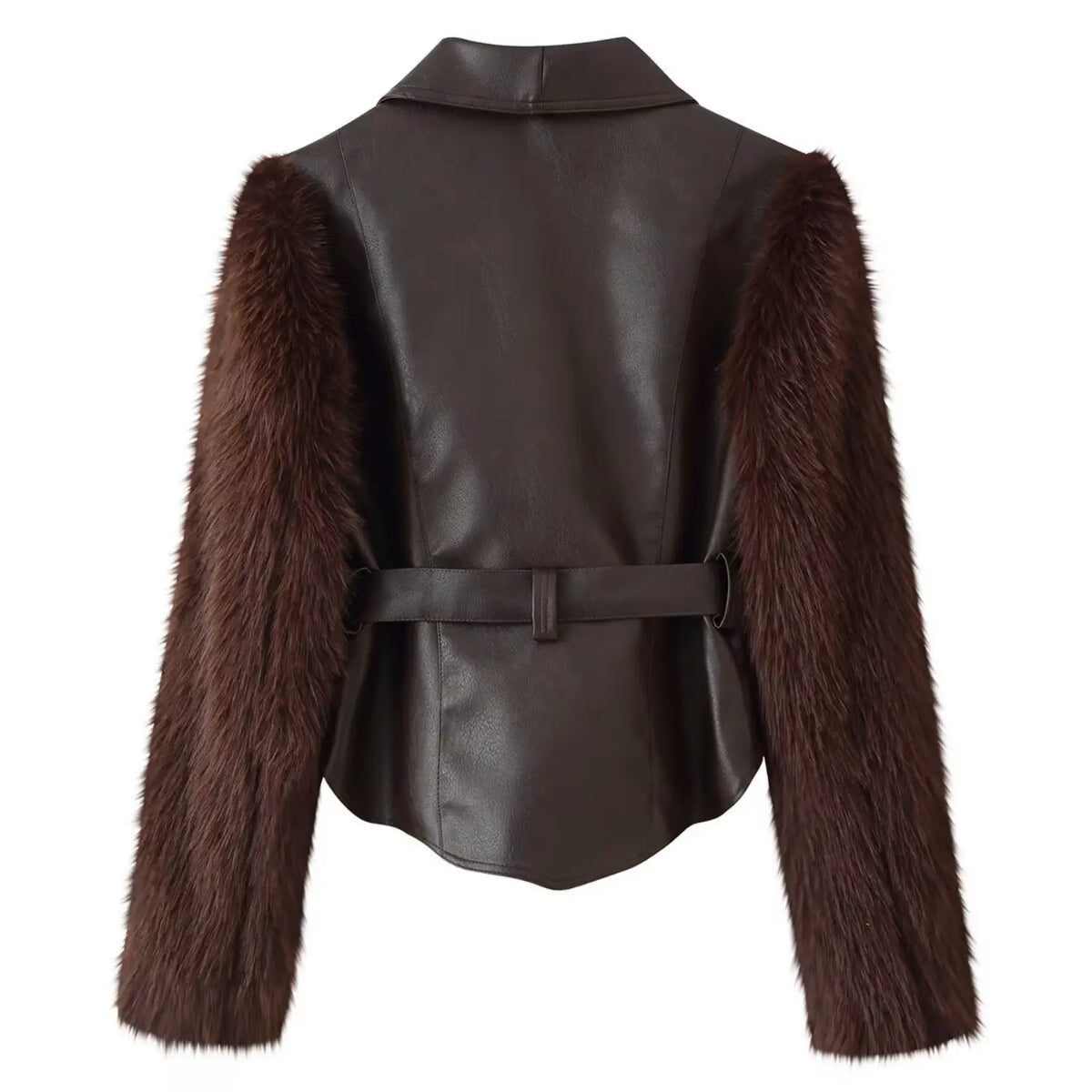 Back flat lay of chocolate faux fur sleeve shawl collar belted cropped jacket